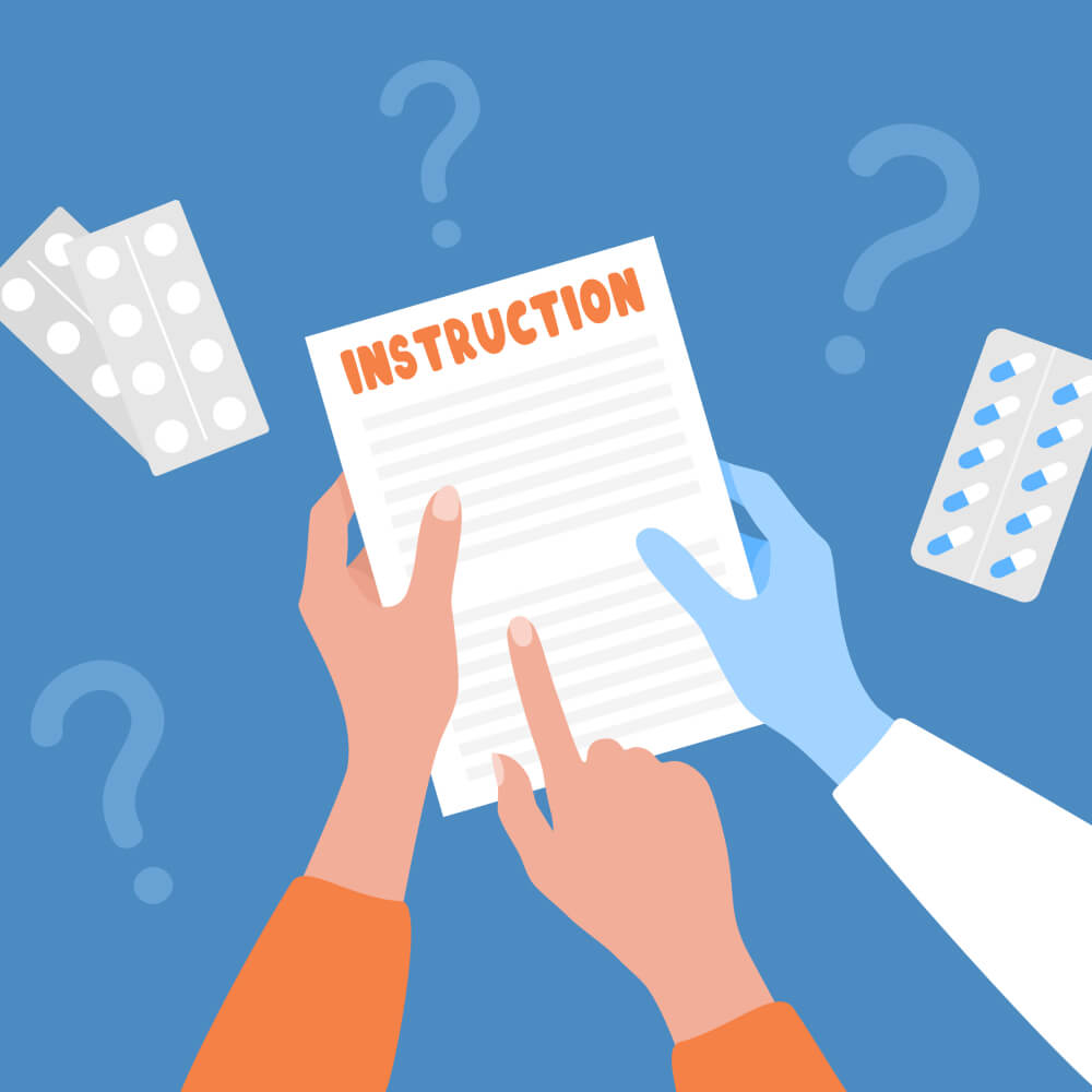 Individuals reading instructions for medication.