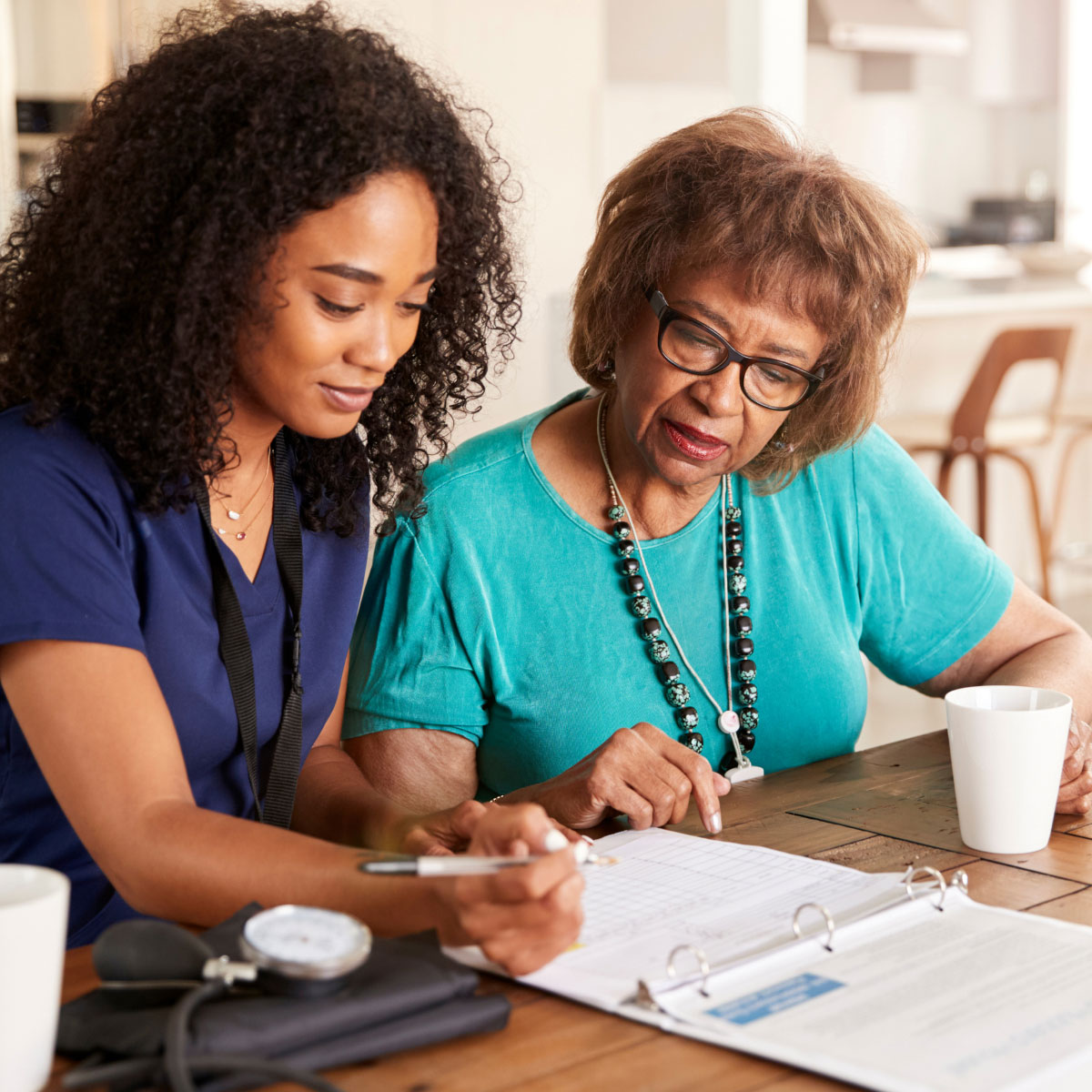 An at home nurse assisting a senior with completing an activity log.